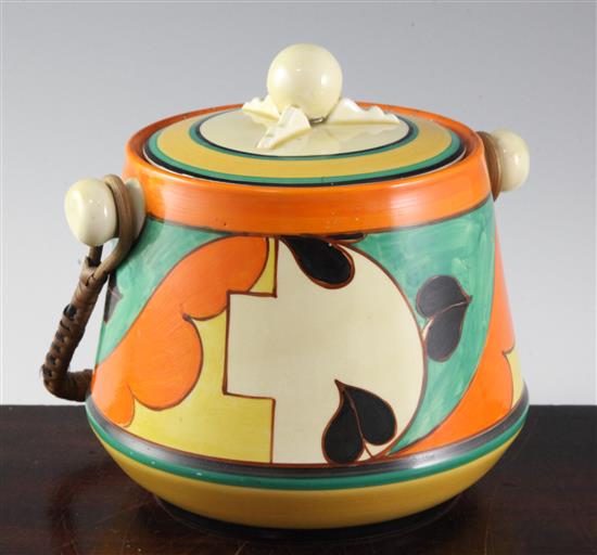 A Clarice Cliff Feather and Leaves pattern biscuit barrel, height to finial 16.5cm (6.5in.)